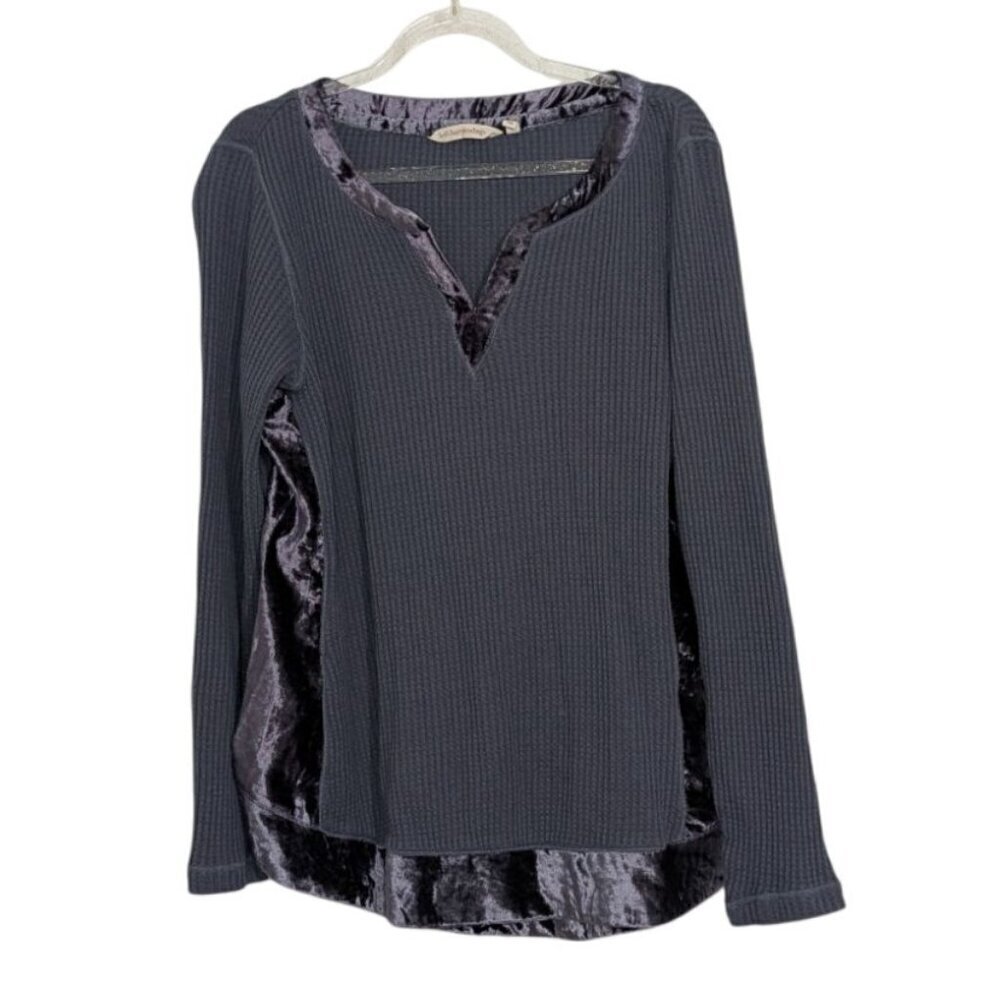 Soft Surroundings Waffle Knit Shirt Womens Petite Size Medium Blue Velvet V Neck